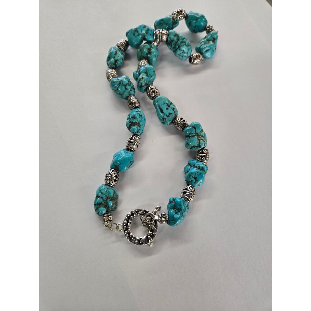 Turquoise Nugget Statement Necklace Silver Floral Spacers Toggle Clasp 20"